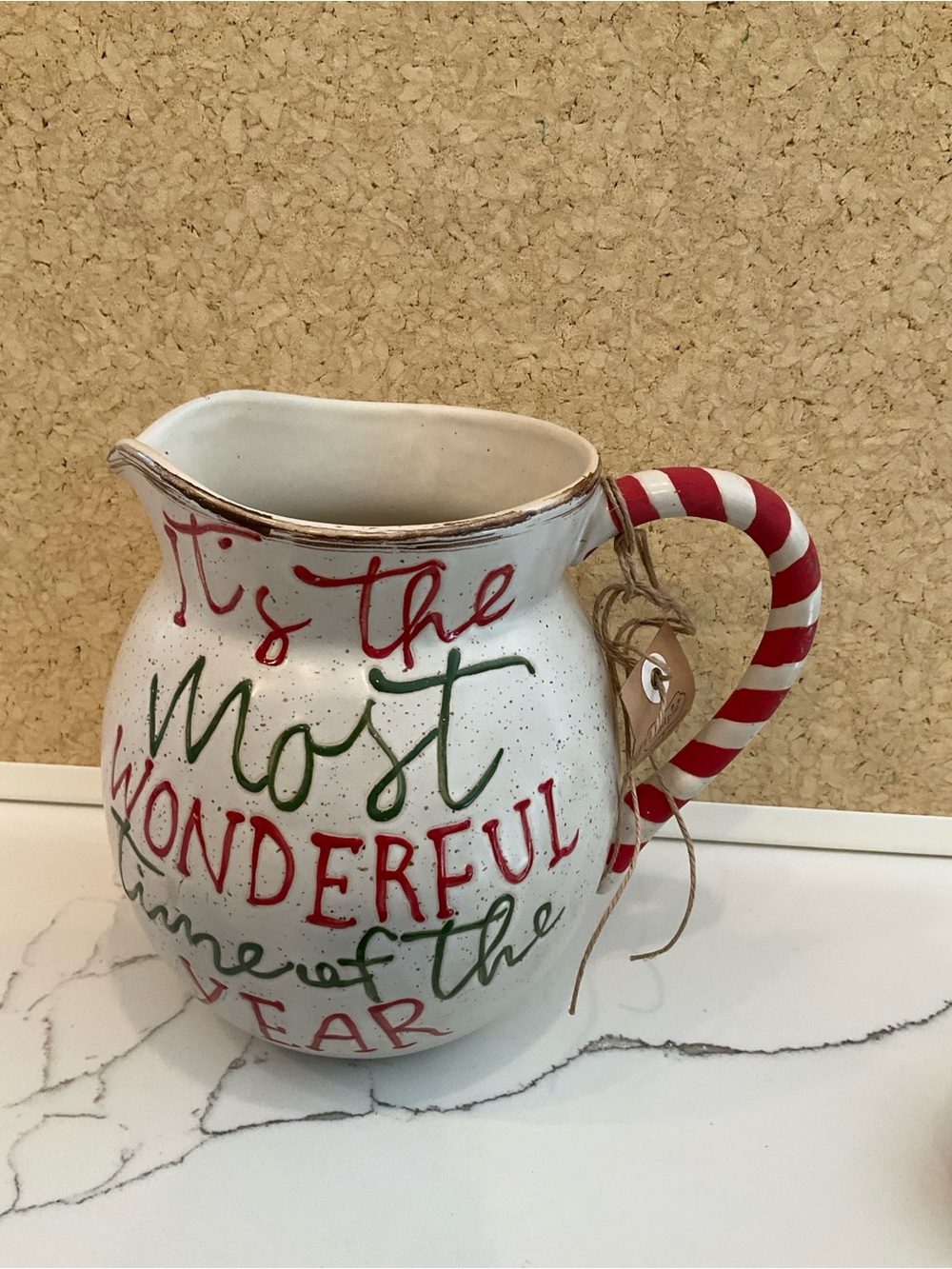 Mud Pie White Pitcher with Red and Green Holiday Script and Striped Handle